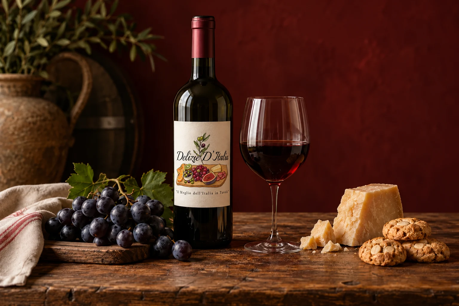 Botella de vino con el logo de Delizie d’Italia, una copa, uvas, queso y galletas sobre una mesa
